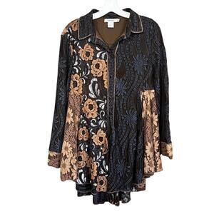 Feratelli Women Tunic Top XL Asymmetrical Patchwork Boho Chic Applique Lagenlook